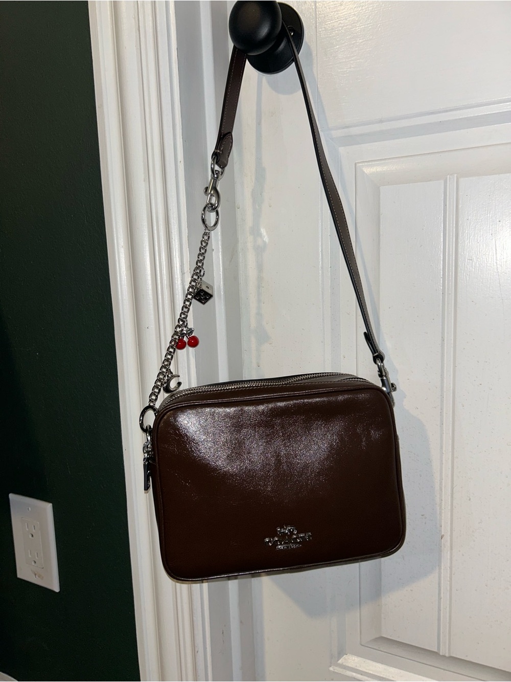 Coach Brown Leather Crossbody Camera Bag with Chain Accent